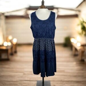 Maurices Navy Blue Color Block Sleeveless Casual Dress with Polka Dot Waist